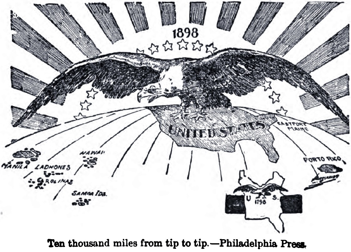 A bald eagle sitting atop of America spread "ten thousand miles from tip to tip."