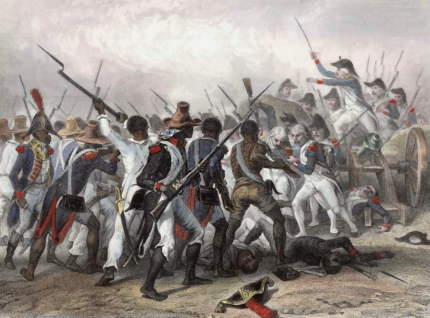 A depiction of blacks fighting against whites and killing them during the Haitian revolution.