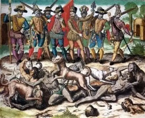 Depiction of Europeans armed with guns while watching as their dogs murder native Caribbean population.